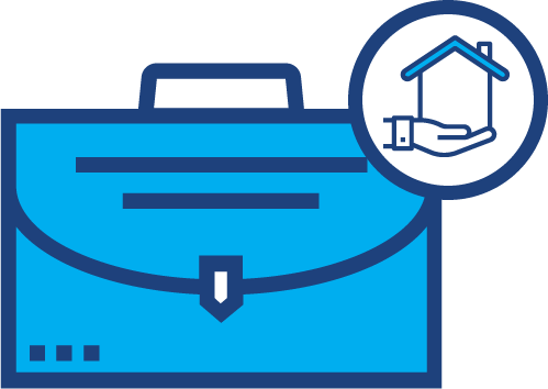 A graphical illustration of a brief case with a hand holding a house on it
